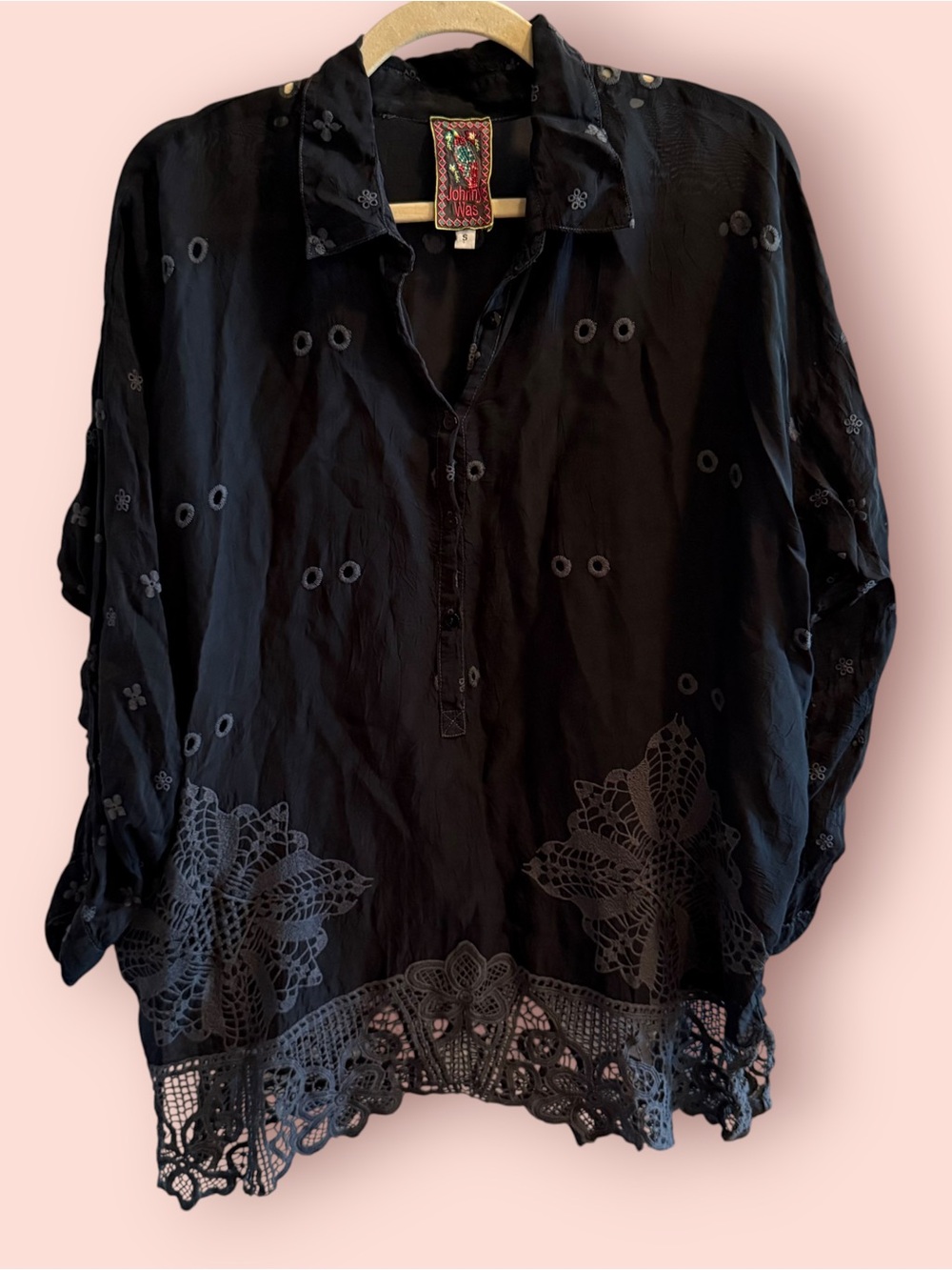 Johnny Was Black Sheer Embroidered Lace Oversized Tunic Blouse